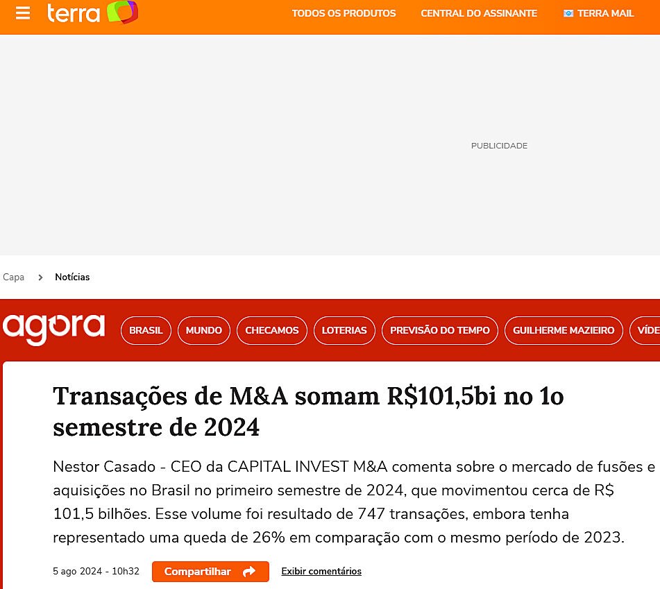 Transaes de M&A somam R$101,5bi no 1o semestre de 2024